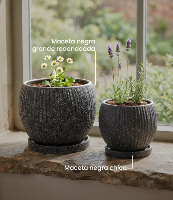 Maceta negra grande redondeada